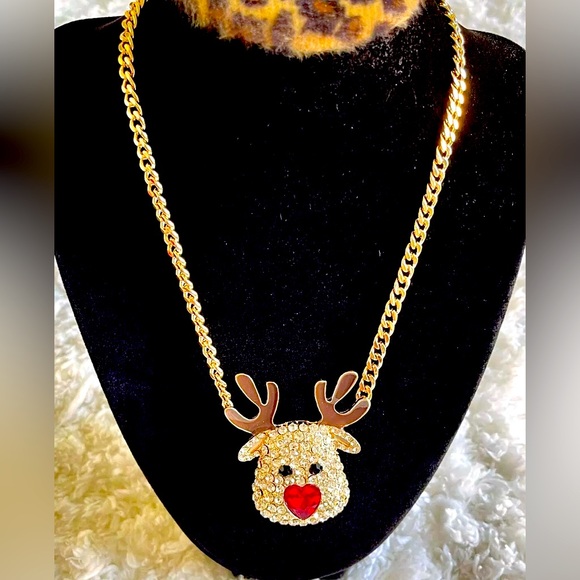 Betsey Johnson NWT Sparkling Pave Crystals RedNosed Reindeer NecklaceGold Chain - Picture 4 of 9